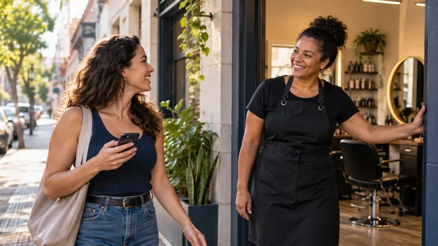 Cliente brasileira encontra pequeno salão de bairro usando smartphone, proprietária a recebe na porta, fachada sem letreiro e rua urbana brasileira, luz natural.