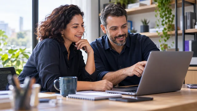 Empresária brasileira revisa sua presença online com especialista, ambos atentos a notebook visto de lado, pequeno escritório com prateleiras organizadas.