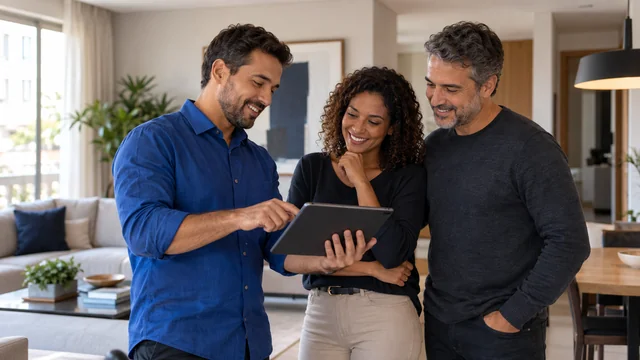 Empreiteiro brasileiro de camisa azul limpa apresenta portfólio de reforma em tablet a casal proprietário numa sala residencial pronta, sem capacete em ambiente doméstico concluído.