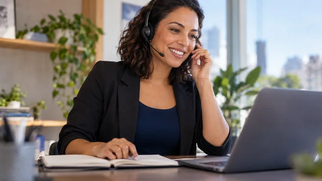 Vendedora brasileira faz ligação de acompanhamento com headset discreto, sorriso leve de escuta, uma mão no caderno aberto sem escrita legível, laptop lateral.