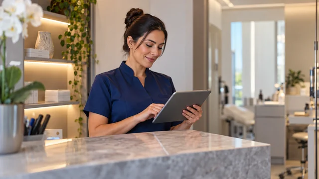 Profissional brasileira de clínica estética com uniforme azul limpo e cabelos presos organiza agendamento no tablet numa recepção sóbria, equipamentos guardados, sem procedimento nem paciente.