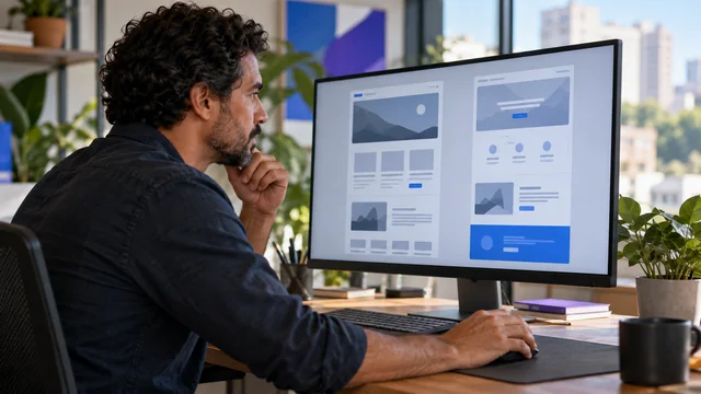Designer brasileiro compara no desktop dois wireframes visuais sem palavras, um de site com vários blocos e um de página única; rosto em perfil e monitor visível em perspectiva.