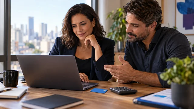 Empresária brasileira mantém o próprio notebook diante de si e revisa investimento com consultor ao lado, cartão bancário totalmente liso sem texto repousa junto de calculadora; autonomia financeira.