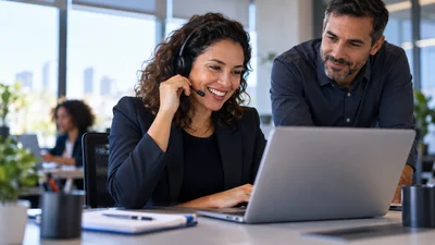 Profissional comercial brasileira organiza retorno a clientes usando headset discreto e laptop, colega ao lado acompanha atendimento, mesa limpa e luz natural.