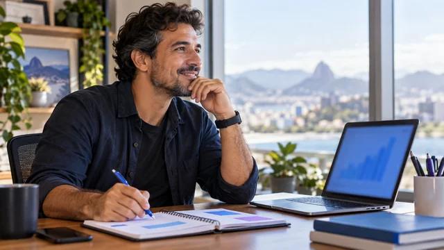 Especialista brasileiro em SEO acompanha evolução de resultados ao longo do tempo, mesa com planner de páginas sem texto e notebook com gráfico azul abstrato desfocado, luz de janela.